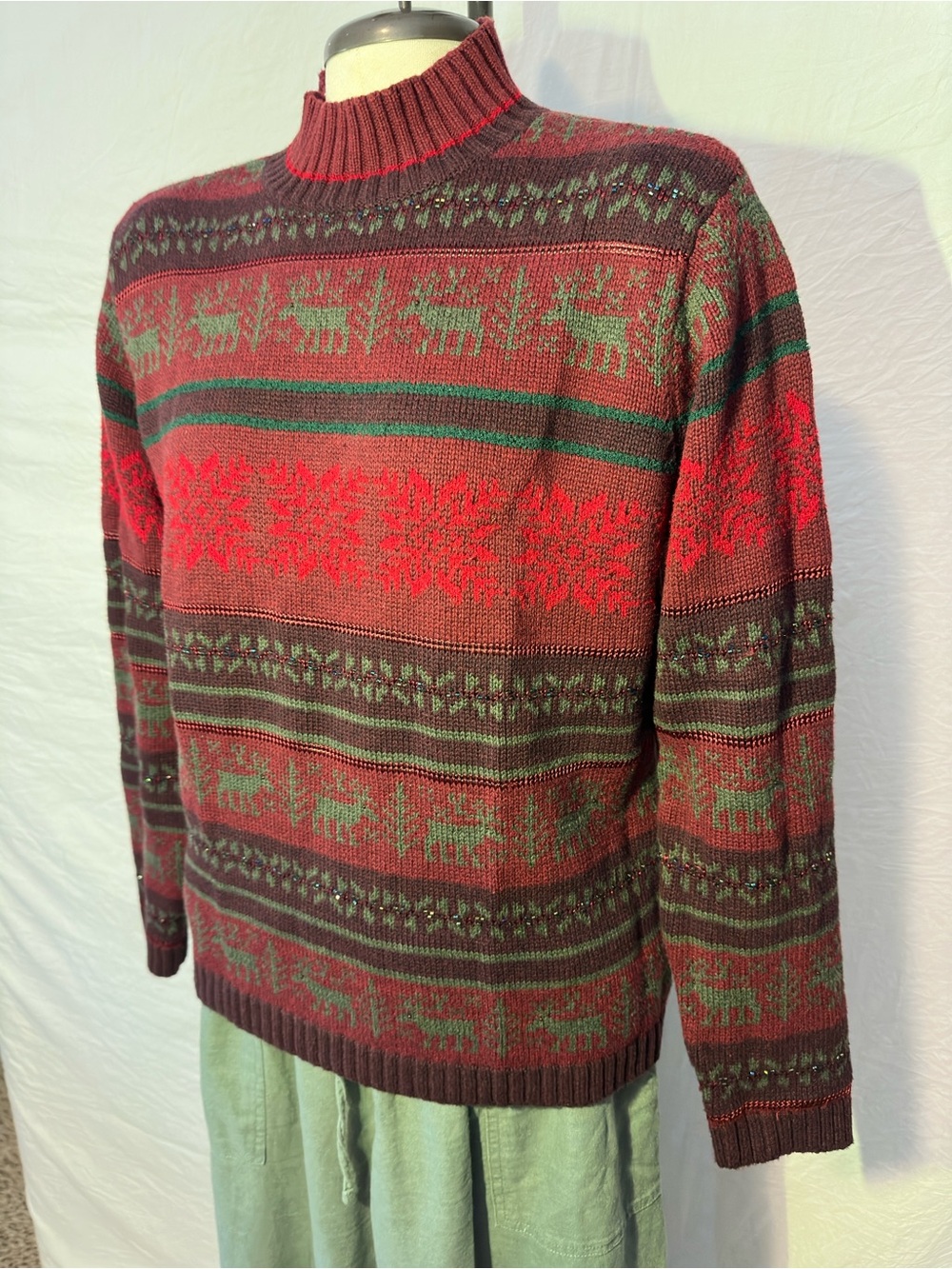 Men's Red and Green Fair Isle Turtleneck Sweater